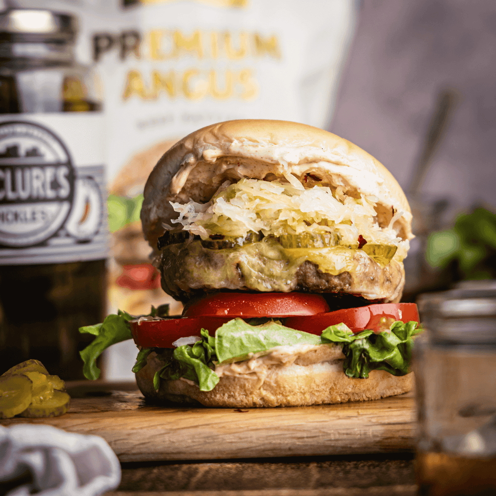 Beef & Pickle Cheeseburgers with Hot & Sour Honey - Cook & Nelson