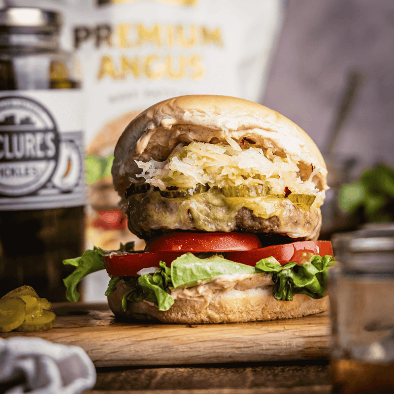 Beef & Pickle Cheeseburgers with Hot & Sour Honey - Cook & Nelson